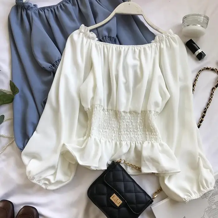 Chemisier Élégant en Mousseline de Soie pour Femme, Chemise Blanche à Volants et Manches Bouffantes,