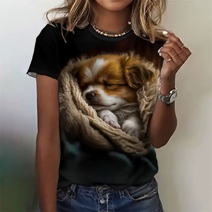 T-shirt imprimé en 3D Kawaii chat chien pour femmes, t-shirts graphiques animaux drôles, t-shirts d'