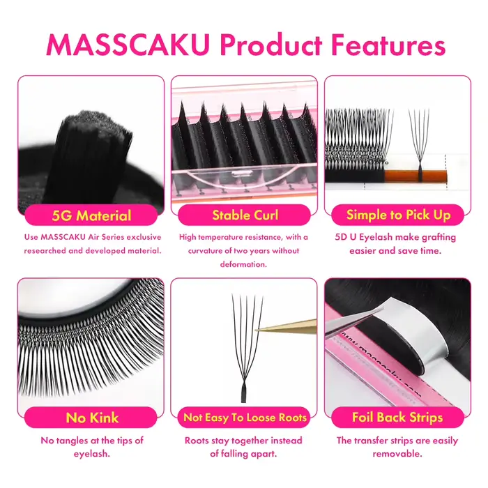 MASSCAKU Extensions de cils 3D/4D/5D/6D en forme de U épaisseur 0.07mm tissé à la main pré-fabriqué 