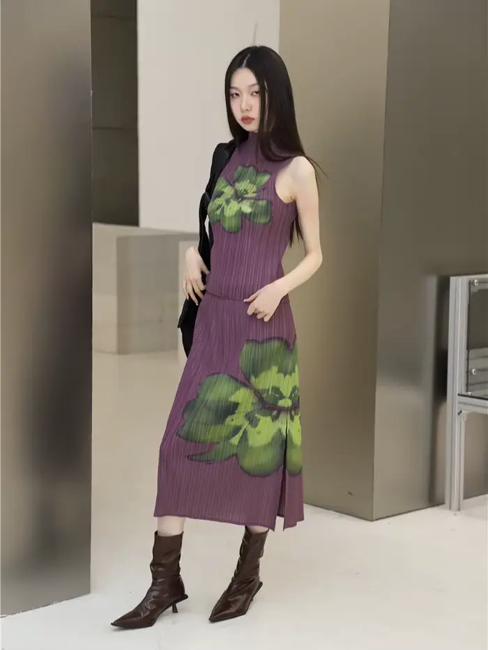 Contest ERART-Tenues florales plissées pour femmes, jupe longue violette, haut en fibre, ensemble 2
