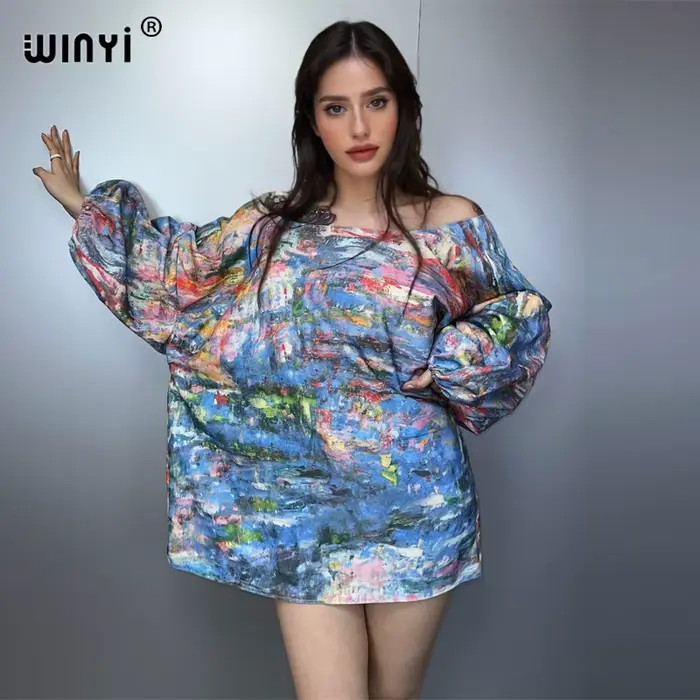 WINYI Original imprimé manches bulles denim robes mode afrique femmes vacances décontracté Maxi robe