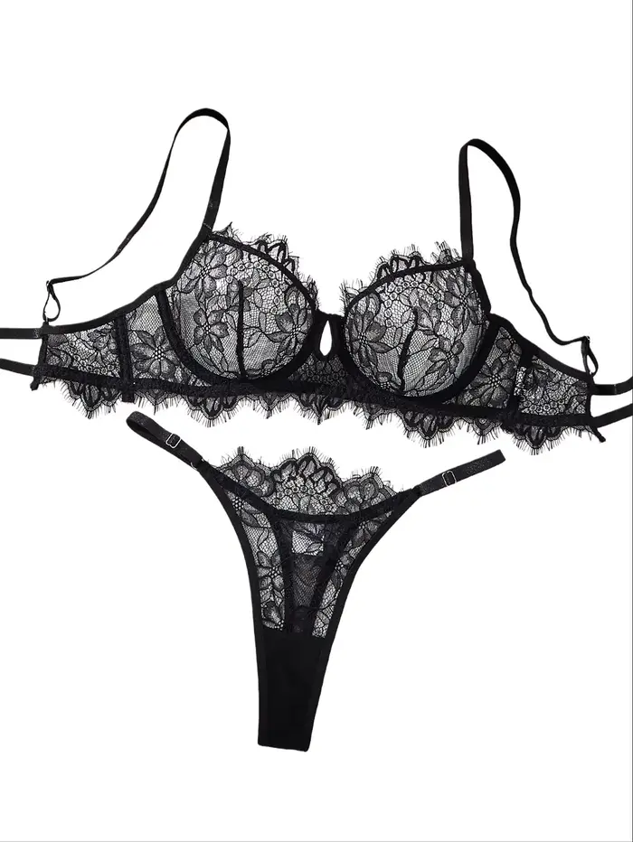 Ensemble de soutien-gorge et slip en dentelle noire pour femmes, sous-vêtements transparents romantiques et Sexy avec fleurs, Lingerie érotique transparente