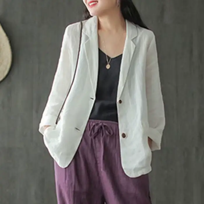 Blazer décontracté en coton et lin pour femmes, vestes fines pour dames, style vintage, solide, docu
