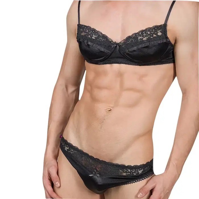 Sissy homme ensembles lisse Satin dentelle soutien-gorge sous-vêtements homme Designer Lingerie haut soutien-gorge réglable pour hommes mâle Sexy hauts + slips pour hommes