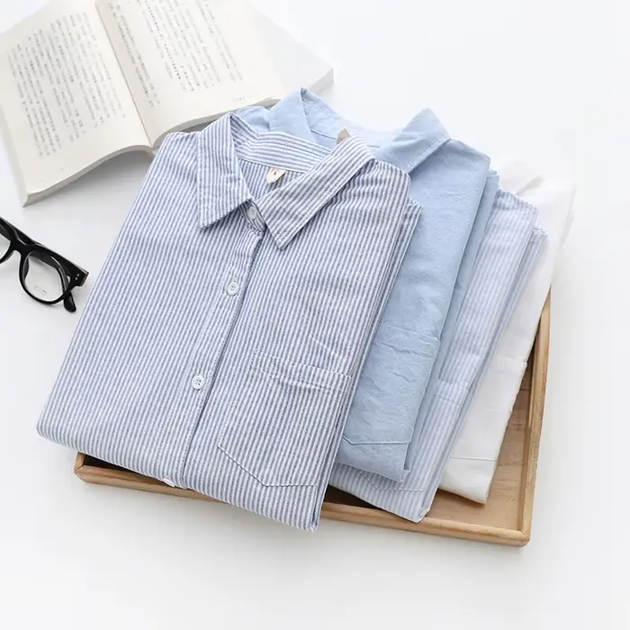 Chemise Oxford décontractée en coton pour femmes, chemisier rayé pour dames, chemises monochromes, b