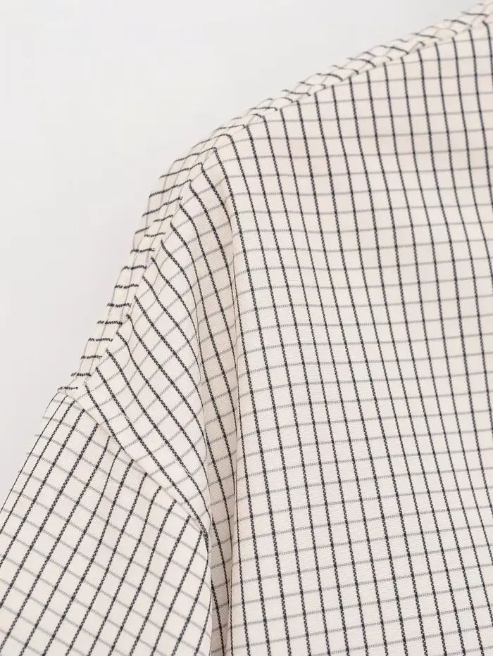 Veste Courte à Carreaux pour Femme ETJ, Col Montant, Manches Bouffantes, Coupe Oversize avec Ourlet 