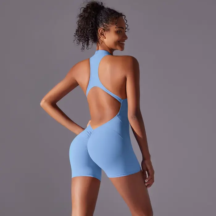 Combinaison de Sport Sexy ajourée, dos nu, froissé sur les fesses, courte femme, une pièce, tenue de