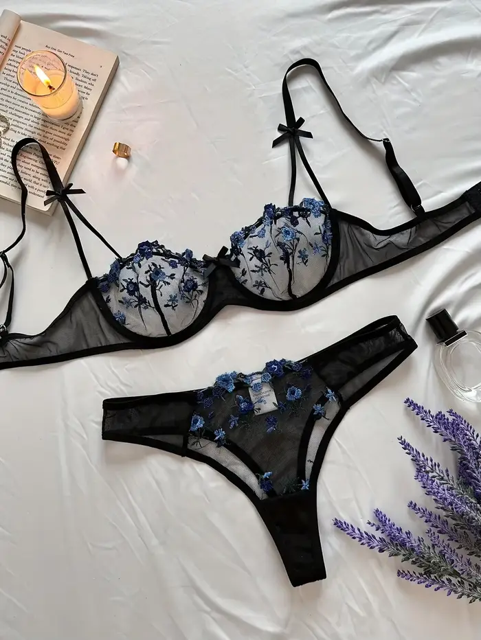 Dámské sexy noční prádlo 2dílná sada s květinovou výšivkou erotické spodní