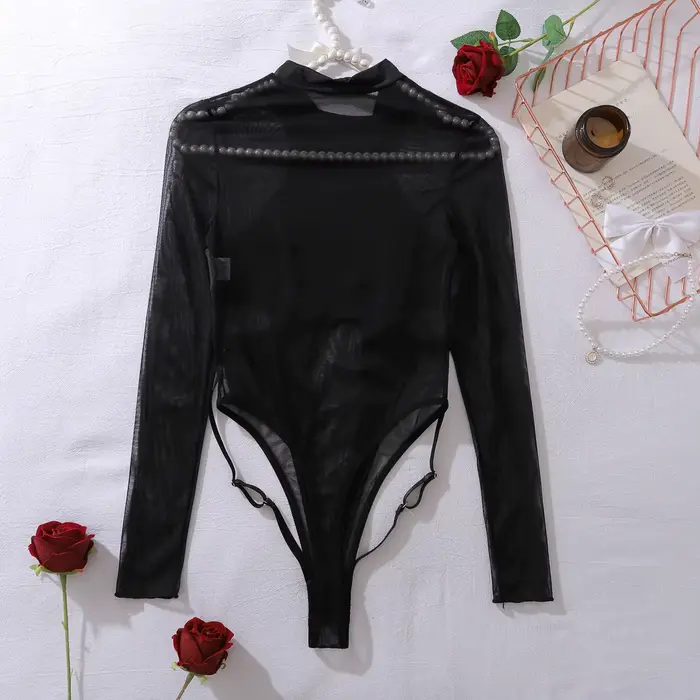 Černé body s dlouhým rukávem pro ženy, sexy průhledné obleky, sexy topy pro ženy, transparentní sexy clubwear