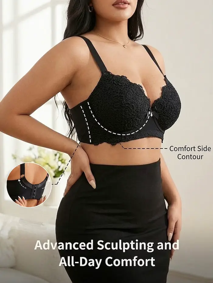 Soutien-gorge push-up élégant en polyester et élasthanne pour femmes aux formes généreuses trois-quarts fleuri avec armatures et bretelles réglables occasions spéciales