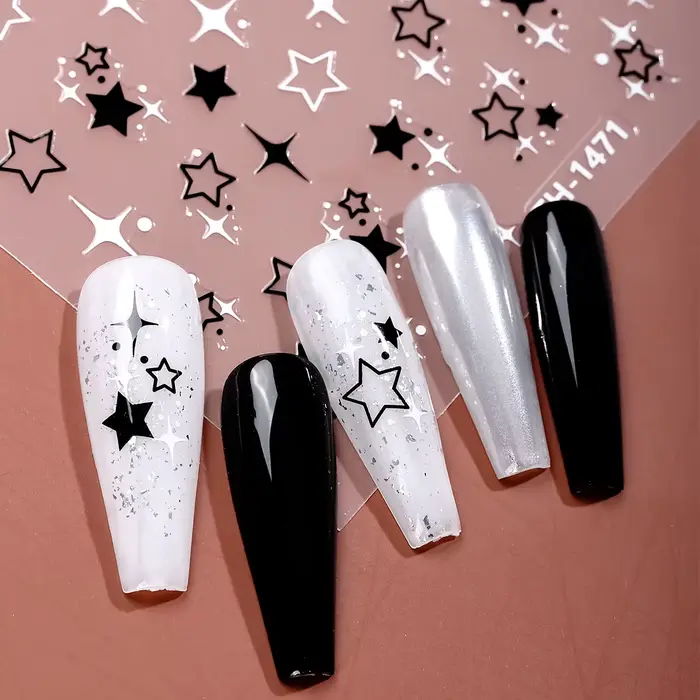 Autocollant étoile 3D noir et blanc pour Nail Art, décalcomanies auto-adhésives pentagramme Y2K, cur