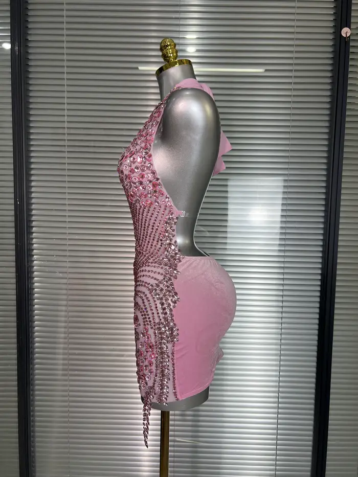Célébrité nouvelles femmes Sexy rose maille licou scène Performance Costume danseuse chanteur boîte