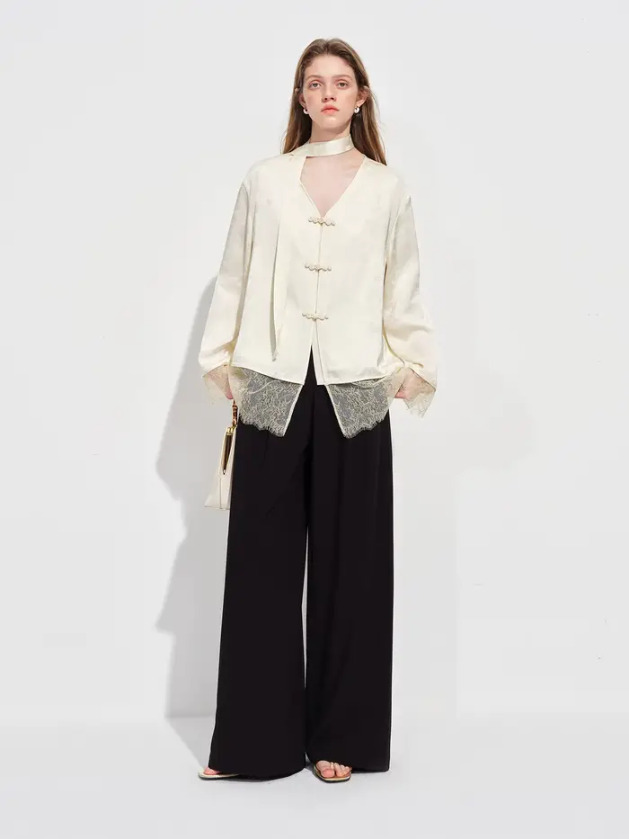 FSLE Nouvelle Blouse Femme en Satin Jacquard d'inspiration chinoise, Col en V, Fermeture à Boutons, 