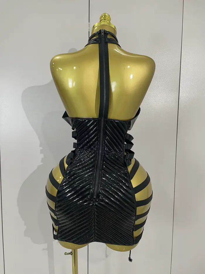 Robe courte en cuir noir pour femmes, Sexy, ajourée, gothique, col licou, chanteur de danse Gogo, di