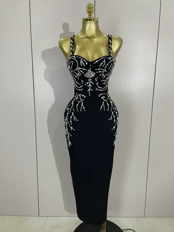 2025 Nouveau Sexy Dos Nu Noir Perles Longue Moulante Bandage Robe Femmes Célébrité Élégant Soirée Cl