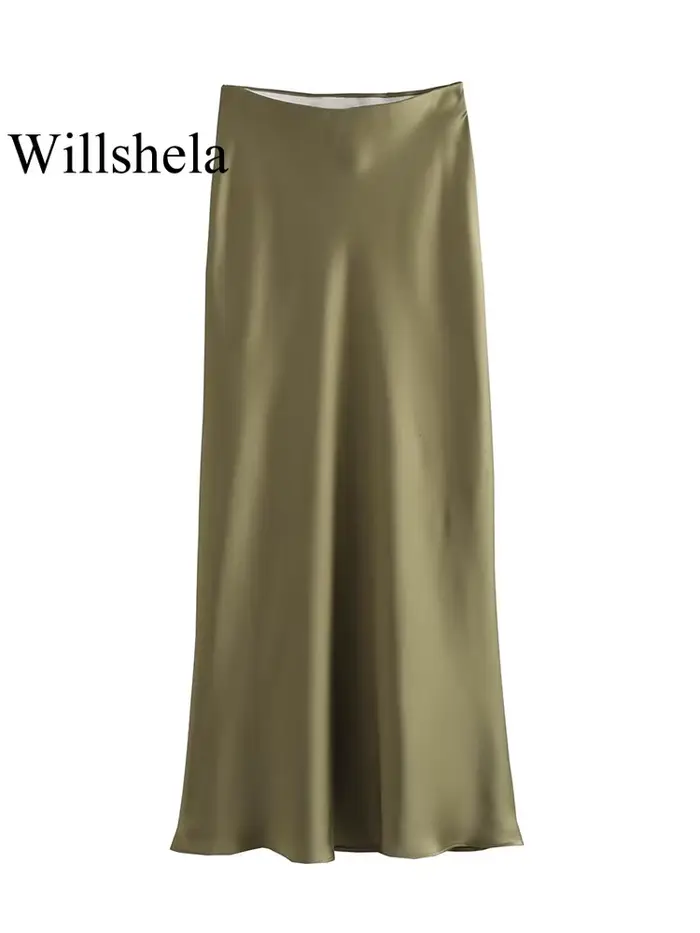 Willshela femmes mode Satin solide plissé jupe Midi Vintage taille mi élastique femme Chic dame jupe