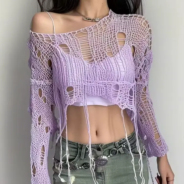 Solide Slash cou Grunge tricoté femmes pull trou déchiré pull haut court Harajuku évider Sexy été pu