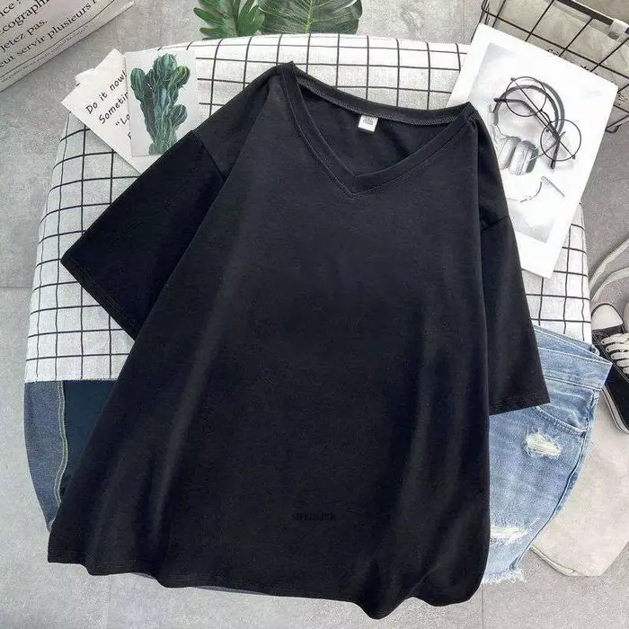 T-shirt manches courtes col V femme, estival et décontracté, en coton, noir, grande taille 6XL 150kg