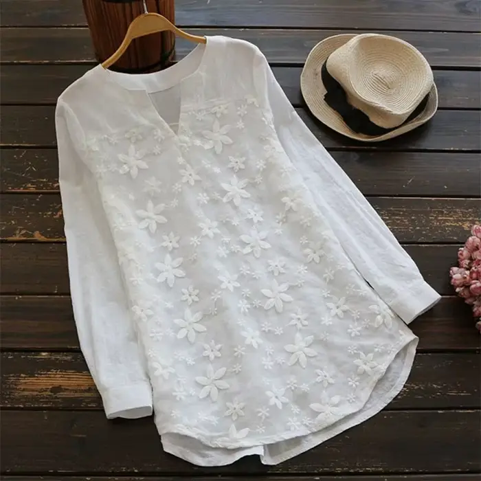 Chemisier en coton et lin brodé pour femmes, décontracté, mode, ample, blanc, chemise élégante, gran