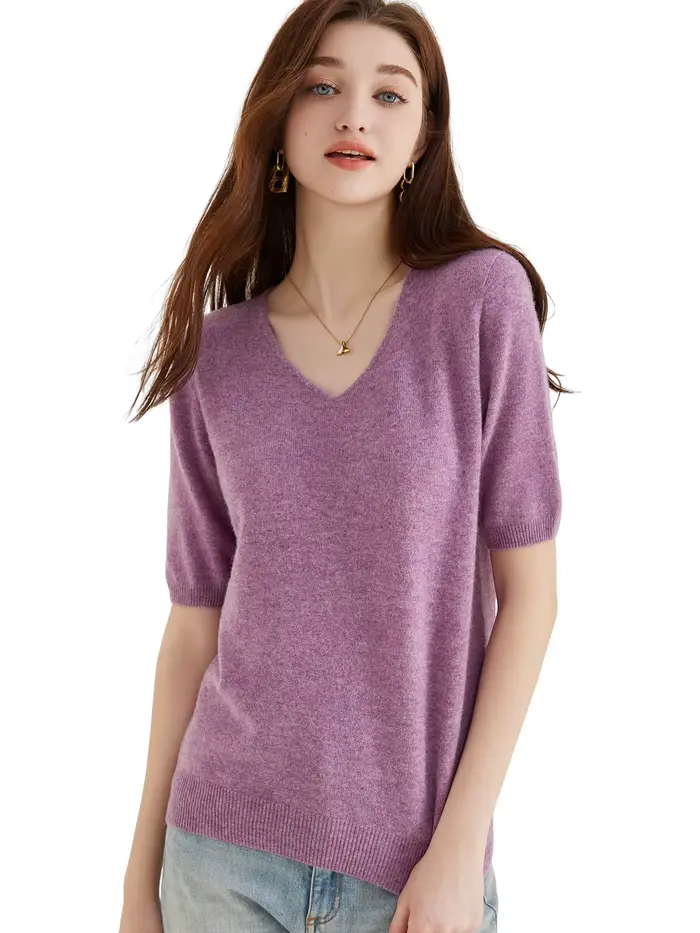 Pull femme 100% laine mérinos pull pour femme pull à manches courtes hauts printemps été col en V do