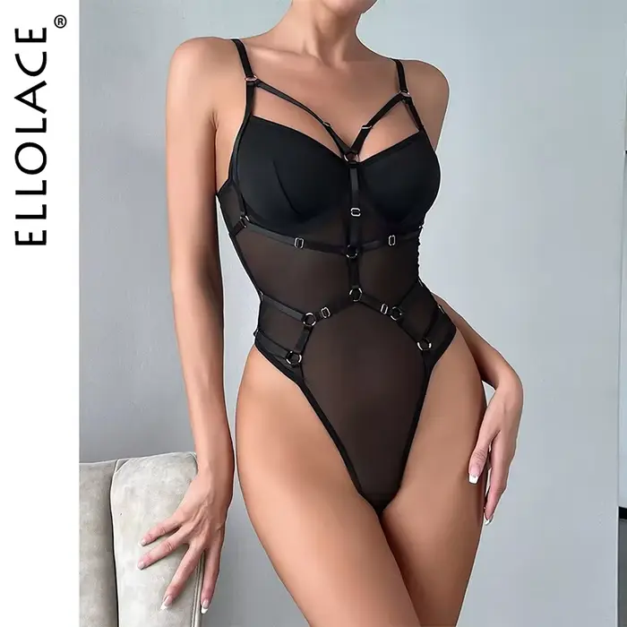 Ellolace body en dentelle avec jarretière voir à travers les hauts moulants maille sans couture une pièce fantaisie élégante Lingerie Sexy Teddy