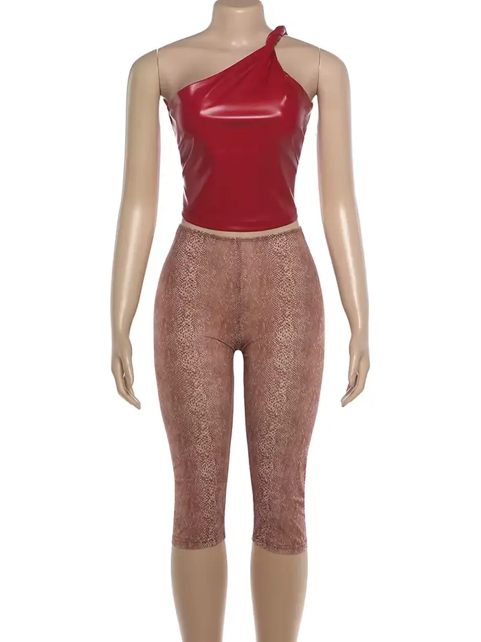 Sisterlinda été Hipster 2 pièces ensemble femmes épaule inclinée débardeur en polyuréthane + short d
