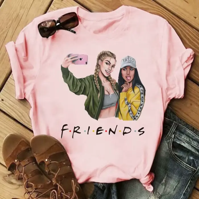 T-shirt à col rond imprimé dessin animé Good Friends pour femme, haut graphique, manches courtes, dé