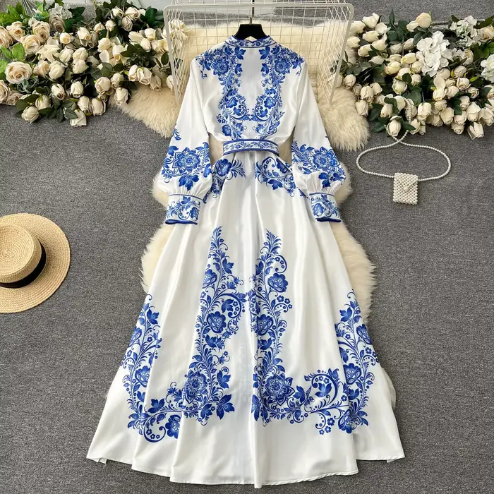 Robe en porcelaine rouge et blanche pour femmes, nouvelle mode, manches longues lanterne, imprimé Fl