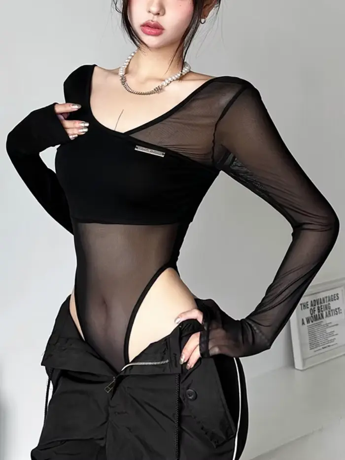 Body transparent noir pour femmes, lingerie sexy à manches longues, col en V, une pièce, dos nu, hauts pour occasions spéciales