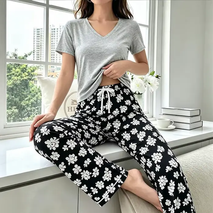 Pyjamas européens et américains pour femmes, ensemble décontracté d'été à manches courtes et pantalo