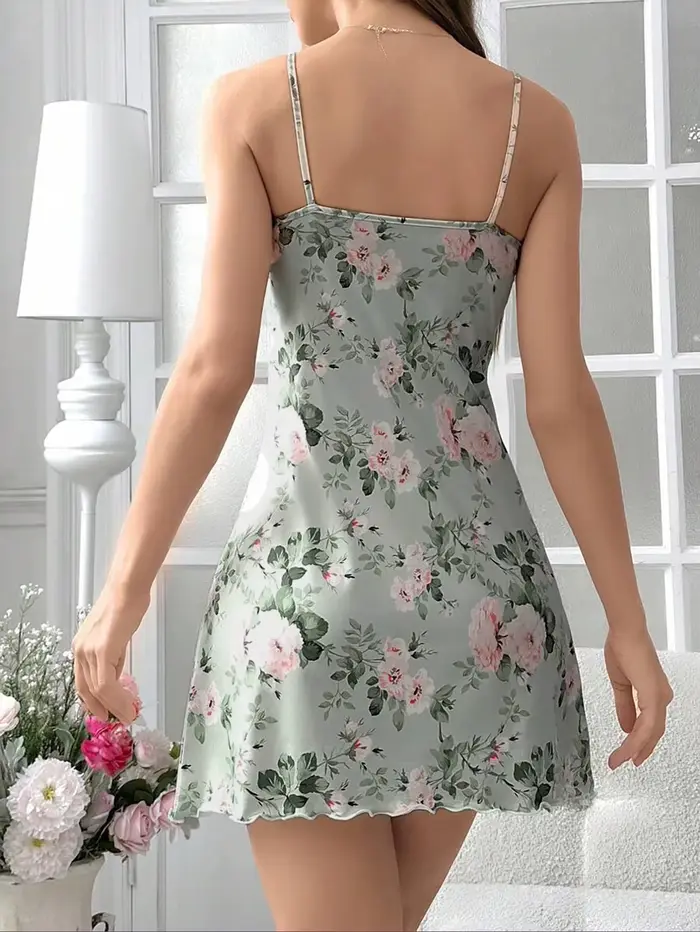 Vêtements de nuit d'été pour femmes, robe de nuit à imprimé floral vert, robe de nuit vintage sans manches, robe de nuit respirante, vêtements de maison tendance