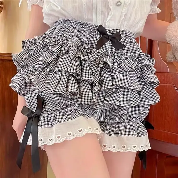 Culottes plissées roses pour femme, culottes mignonnes style citrouille, short de sécurité lolita avec nœud, pantalon vintage, bloomers victoriens
