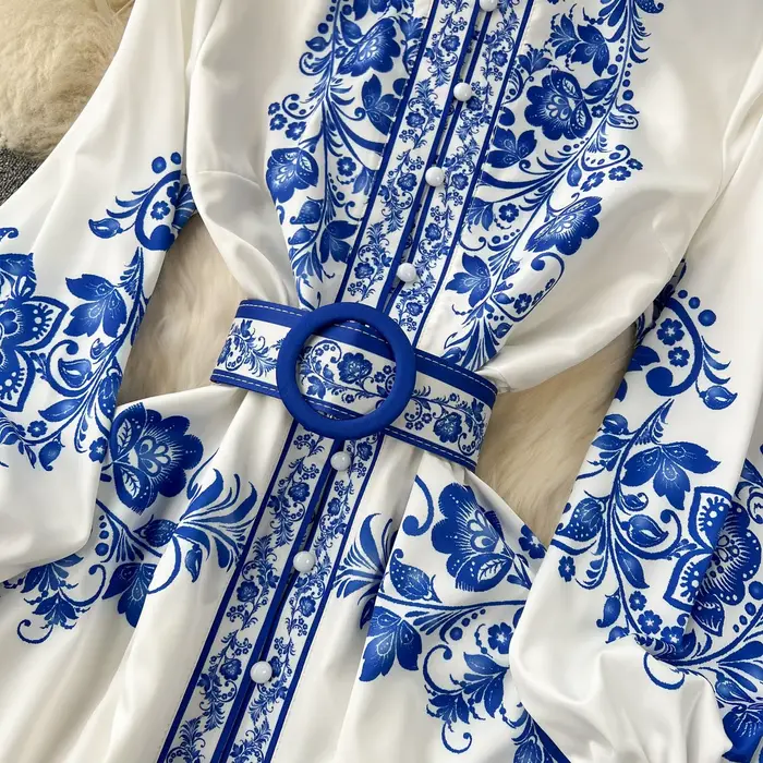 Robe en porcelaine rouge et blanche pour femmes, nouvelle mode, manches longues lanterne, imprimé Fl