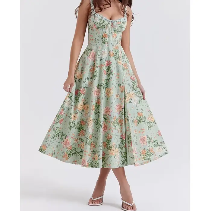 YENKYE-Robe mi-longue à imprimé floral de style français pour femmes, robe à bretelles A-ligne, fent