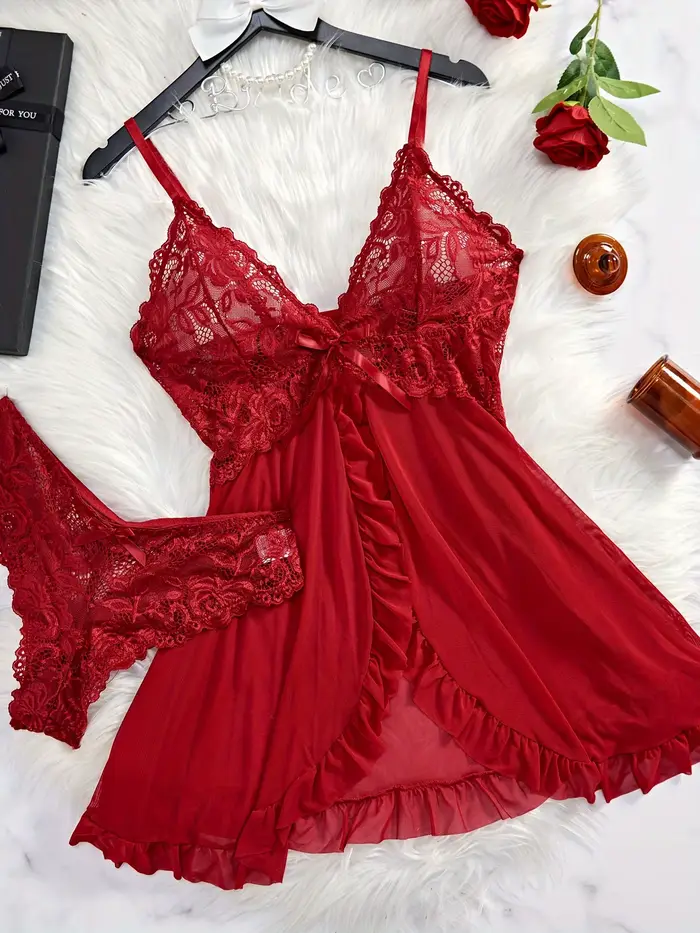 Souprava spodního prádla z krajkového materiálu pro ženy, noční košilka sexy, romantická noční košile s volánkami, delikátní kalhotky, nový trendy dar, luxusní
