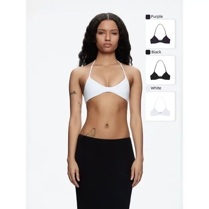 Bílá podprsenka pro ženy styl halter, sexy sportovní podprsenka s vrhajícím výstřihem, elastický a upravený jóga top