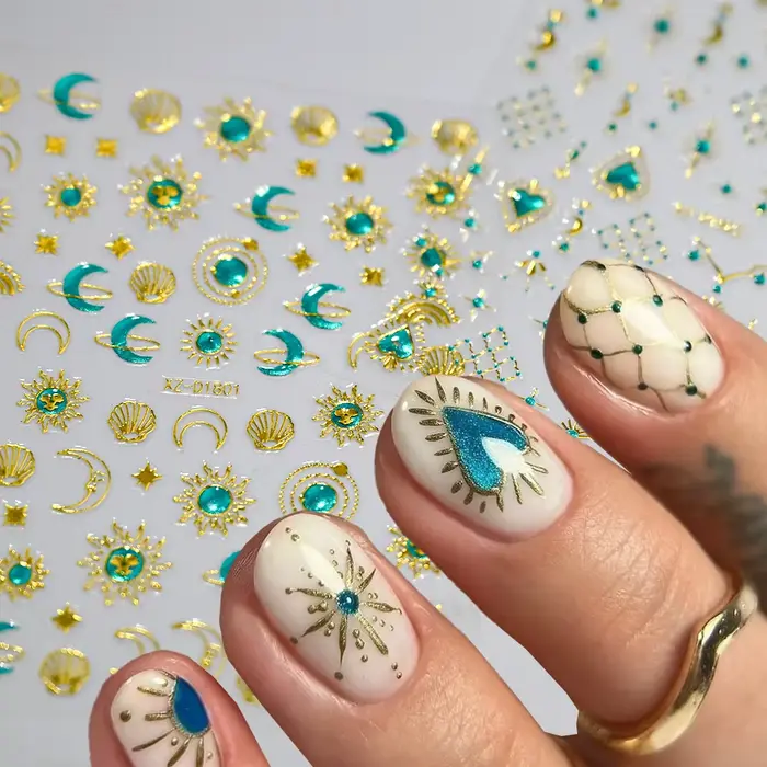 5D bleu gemme étoile soleil lune bronzant Nail Art autocollant métallique Style bohème or argent amo