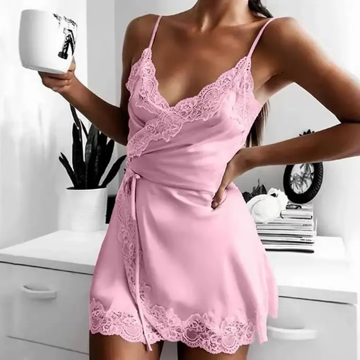 Chemise de nuit pour femmes, lingerie sexy confortable pour l'été, pyjama en satin de soie et dentelle, mini-ensemble de pyjama, robe de nuit sexy pour adultes