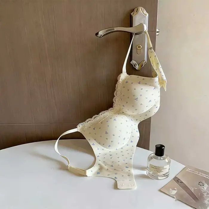 Soutien-gorge en dentelle élégante à imprimé floral pour femmes, style ado, petite poitrine, push-up, anti-affaissement, sans coutures, bretelles ajustées