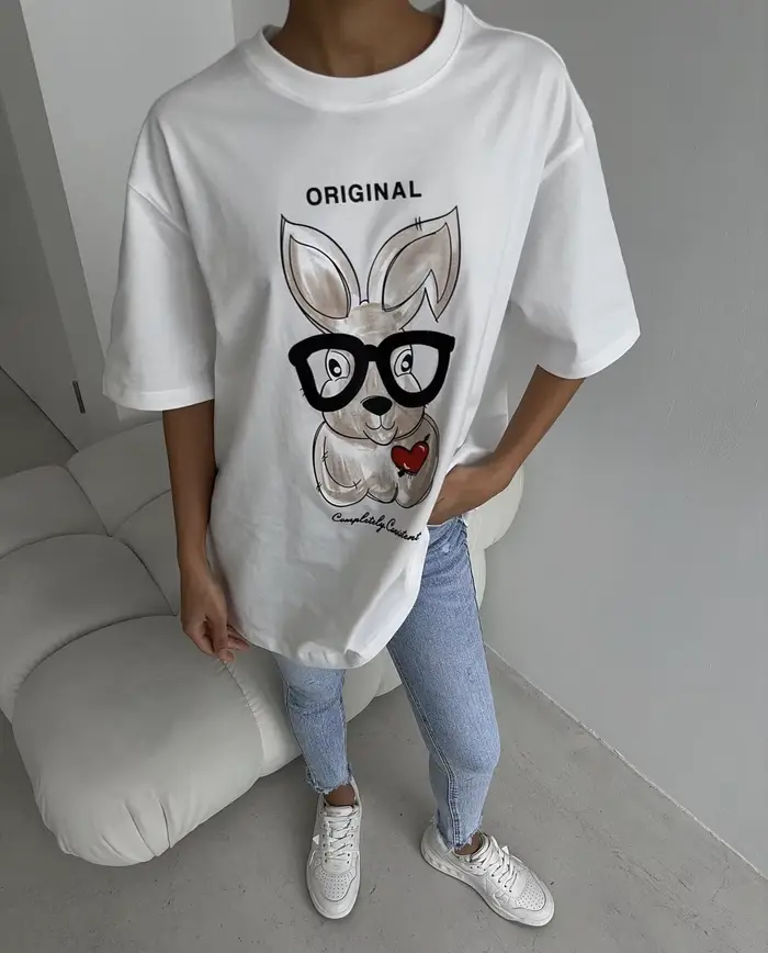 Hirsionsan-T-shirt imprimé dessin animé élégant pour femme, t-shirts décontractés chics, pull en cot