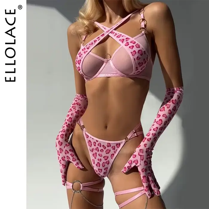 Ellolace leopard Spodní prádlo kříž podprsenka Push Up intimní vidět přes krajku hot girl spodní prádlo romantické milující srdce rukavice punčochy