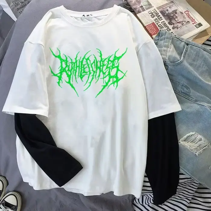 Punk styl tmavý potisk kulatý výstřih Tričko Y2K Sport Harajuku tenké dámské top dlouhý rukáv