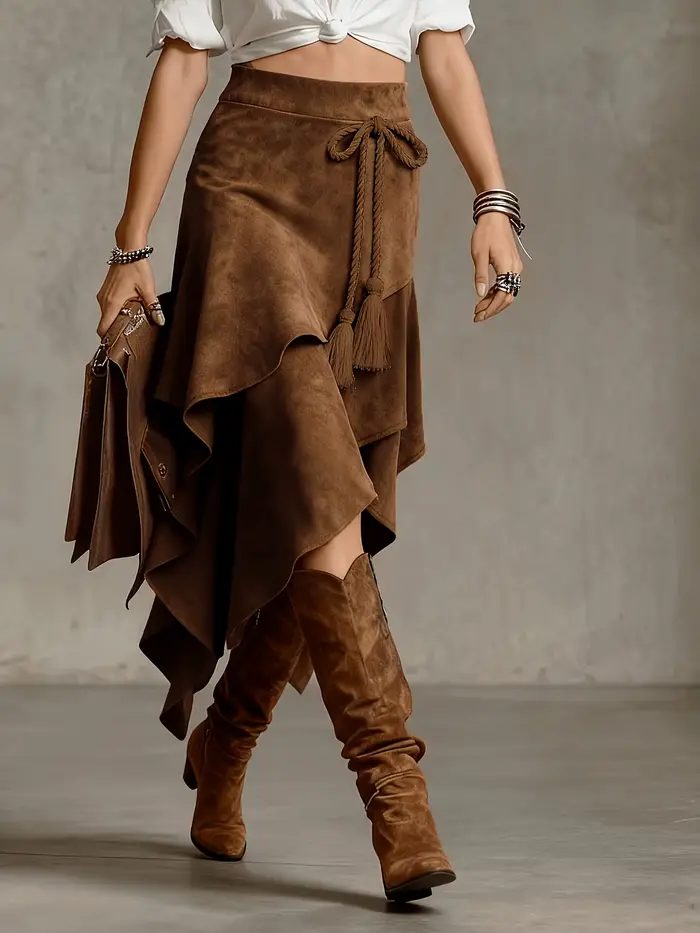 Jupe mi-longue en daim de couleur unie, design irrégulier de style western vintage