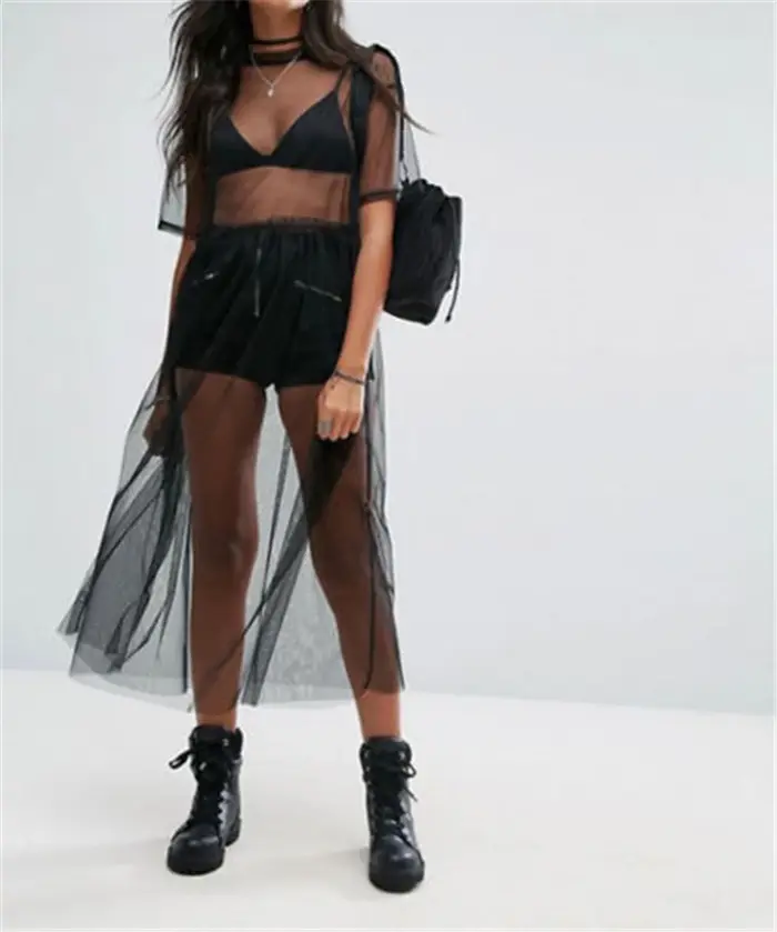 Sexy femmes soirée noir voir à travers maille robe pure Maxi robe Tulle dentelle longue robe décontr