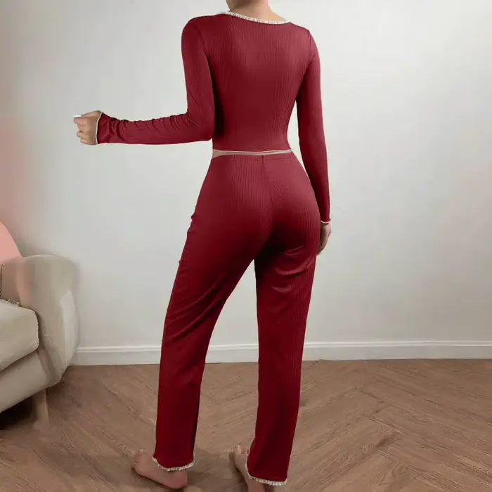2 kusy Pyžamo set ženy podzim zimní noční prádlo dlouhé rukávy trička topy kalhoty žena pletení tkanina Pijamas relaxační oblečení