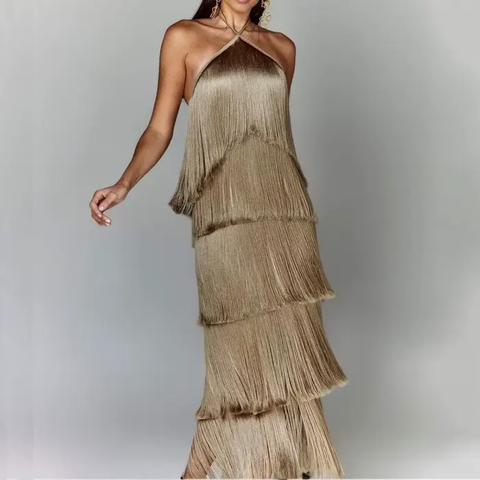 Elegantní večerní šaty pro ženy, metalická barva, Sexy, ohlávku límec, tkaničky, elegantní, bez zad, bez rukávů, vrstvené, štíhlý