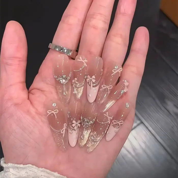 10 ks růžových kočičích očí 3D motýl nehty diamant perla press-on