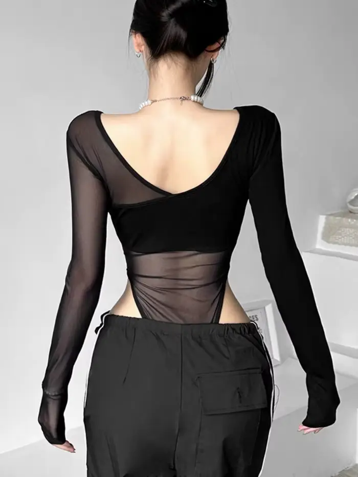Body transparent noir pour femmes, lingerie sexy à manches longues, col en V, une pièce, dos nu, hauts pour occasions spéciales