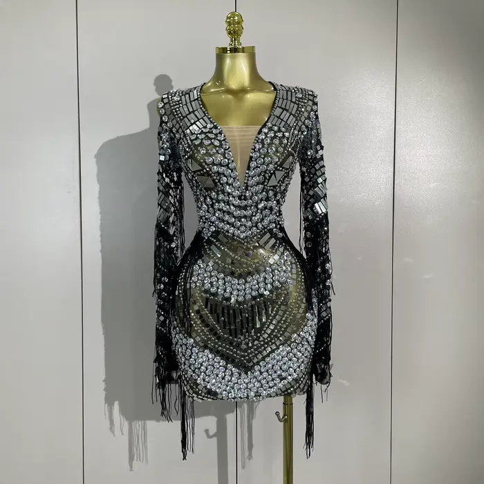 Luxusní večerní narozeninové disco foto focení sexy třpytivé diamanty flitry třásně dlouhé rukávy čistá mini šaty