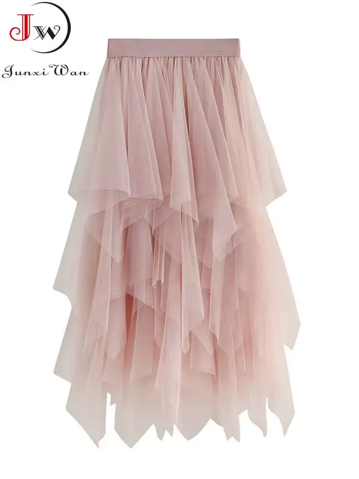 Jupes mi-longues taille haute pour femmes, jupes en tulle monochromes, maille blanche élégante et ch